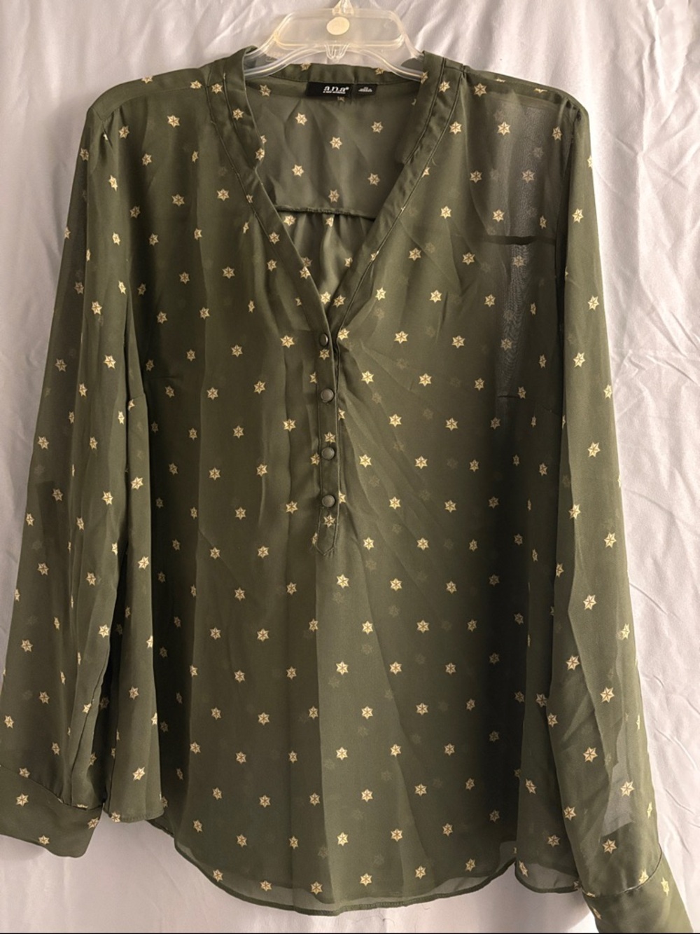 a.n.a Olive Green Sheer Star Print Long Sleeve Blouse